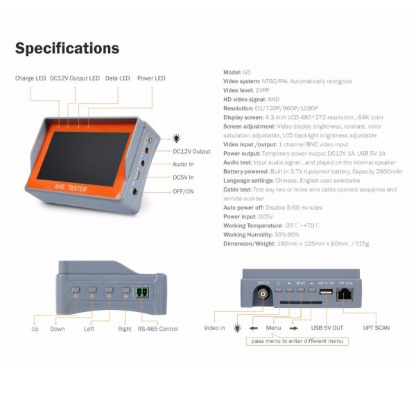 4.3 inch TFT LCD Monitor 1080P AHD Security CCTV Camera & CVBS Security Tester 2 in 1 Analog Video with Network Cable Test - Image 3